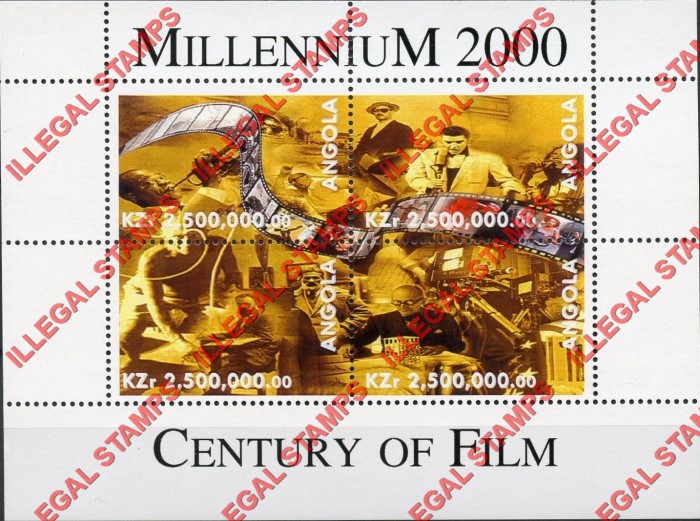 Angola 2000 Millennium 2000 Century of Film Illegal Stamp Souvenir Sheet of 4 Angola 2000 Millennium 2000 Century of Film Illegal Stamp Souvenir Sheet of 4