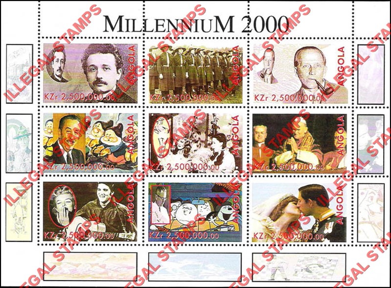 Angola 2000 Millennium 2000 Illegal Stamp Souvenir Sheet of 9 Angola 2000 Millennium 2000 Illegal Stamp Souvenir Sheet of 9