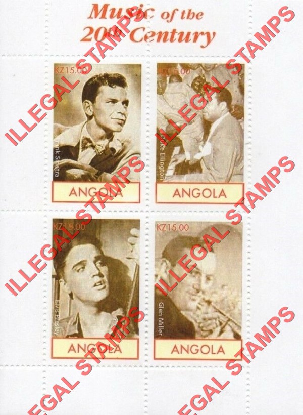 Angola 2000 Music of the 20th Century Illegal Stamp Souvenir Sheet of 4 Angola 2000 Music of the 20th Century Illegal Stamp Souvenir Sheet of 4