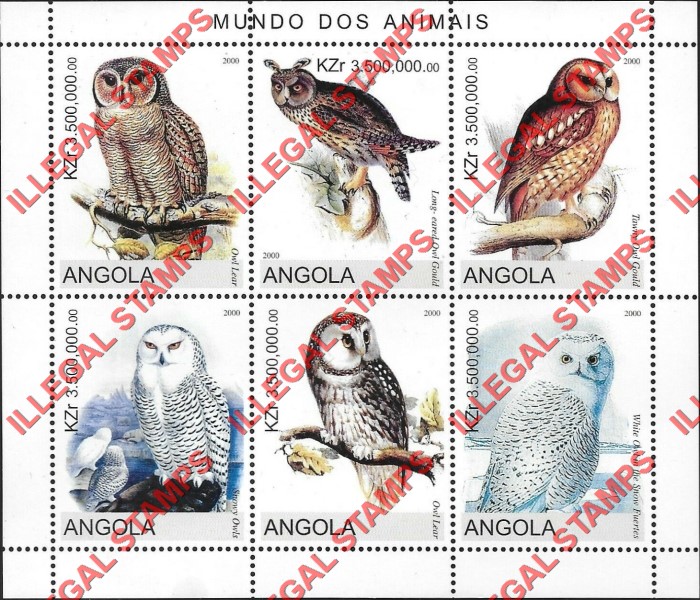Angola 2000 Owls Illegal Stamp Souvenir Sheet of 6 Angola 2000 Owls Illegal Stamp Souvenir Sheet of 6