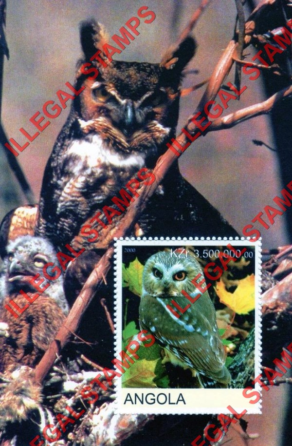 Angola 2000 Owls Illegal Stamp Souvenir Sheets of 1 (Sheet 1) Angola 2000 Owls Illegal Stamp Souvenir Sheets of 1 (Sheet 1)