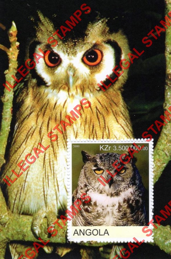 Angola 2000 Owls Illegal Stamp Souvenir Sheets of 1 (Sheet 2) Angola 2000 Owls Illegal Stamp Souvenir Sheets of 1 (Sheet 2)