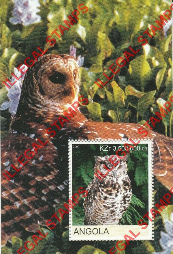 Angola 2000 Owls Illegal Stamp Souvenir Sheets of 1 (Sheet 3) Angola 2000 Owls Illegal Stamp Souvenir Sheets of 1 (Sheet 3)