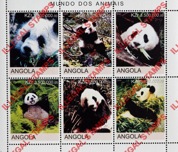 Angola 2000 Pandas Illegal Stamp Souvenir Sheet of 6 Angola 2000 Pandas Illegal Stamp Souvenir Sheet of 6