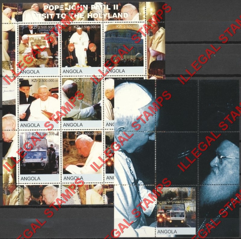 Angola 2000 Papal Visit Pope John Pail II Visit to Holyland Illegal Stamp Souvenir Sheets of 9 and 1 Angola 2000 Papal Visit Pope John Pail II Visit to Holyland Illegal Stamp Souvenir Sheets of 9 and 1