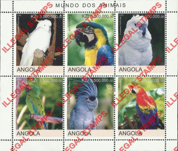 Angola 2000 Parrots Illegal Stamp Souvenir Sheet of 6 Angola 2000 Parrots Illegal Stamp Souvenir Sheet of 6