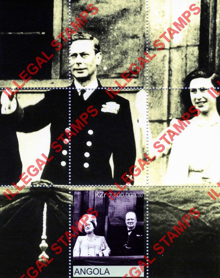 Angola 2000 Queen Elizabeth II and Winston Churchill Illegal Stamp Souvenir Sheet of 1 Angola 2000 Queen Elizabeth II and Winston Churchill Illegal Stamp Souvenir Sheet of 1