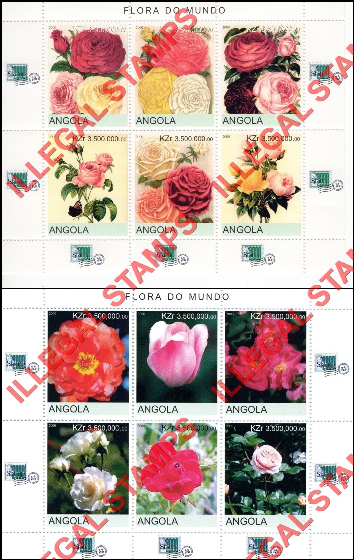 Angola 2000 Roses Flowers Illegal Stamp Souvenir Sheet of 6 Angola 2000 Roses Flowers Illegal Stamp Souvenir Sheet of 6