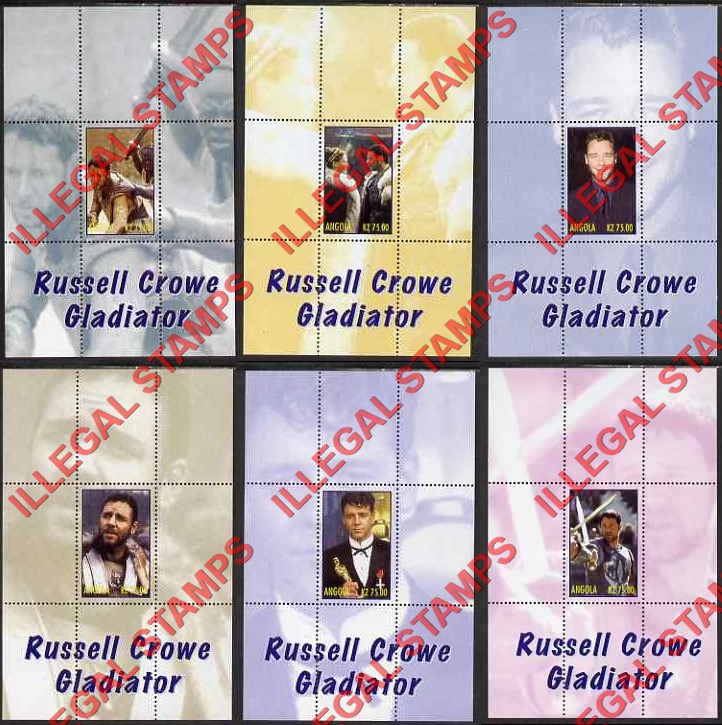 Angola 2000 Russell Crowe Gladiator Illegal Stamp Souvenir Sheets of 1 Angola 2000 Russell Crowe Gladiator Illegal Stamp Souvenir Sheets of 1