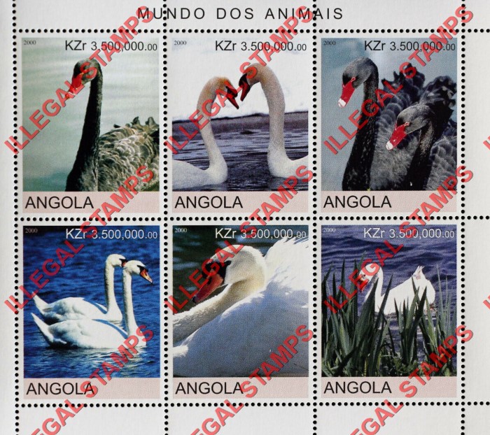 Angola 2000 Swans Illegal Stamp Souvenir Sheet of 6 Angola 2000 Swans Illegal Stamp Souvenir Sheet of 6