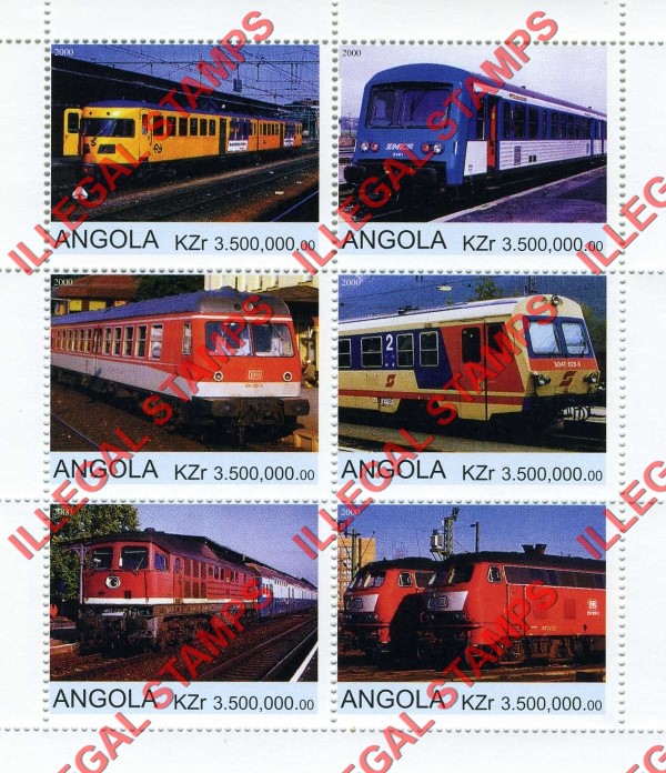 Angola 2000 Trains Illegal Stamp Souvenir Sheets of 6 (Sheet 1) Angola 2000 Trains Illegal Stamp Souvenir Sheets of 6 (Sheet 1)