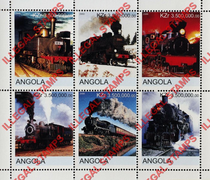 Angola 2000 Trains Illegal Stamp Souvenir Sheets of 6 (Sheet 10) Angola 2000 Trains Illegal Stamp Souvenir Sheets of 6 (Sheet 10)