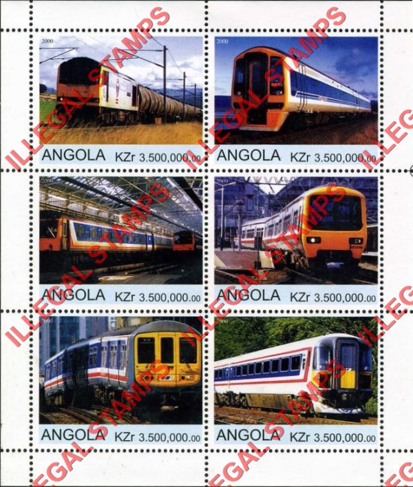 Angola 2000 Trains Illegal Stamp Souvenir Sheets of 6 (Sheet 3) Angola 2000 Trains Illegal Stamp Souvenir Sheets of 6 (Sheet 3)