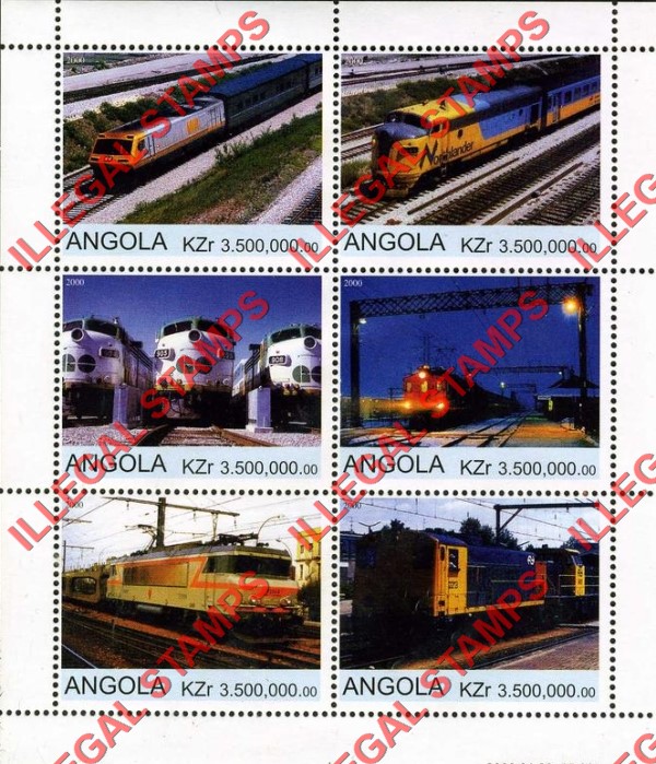 Angola 2000 Trains Illegal Stamp Souvenir Sheets of 6 (Sheet 4) Angola 2000 Trains Illegal Stamp Souvenir Sheets of 6 (Sheet 4)