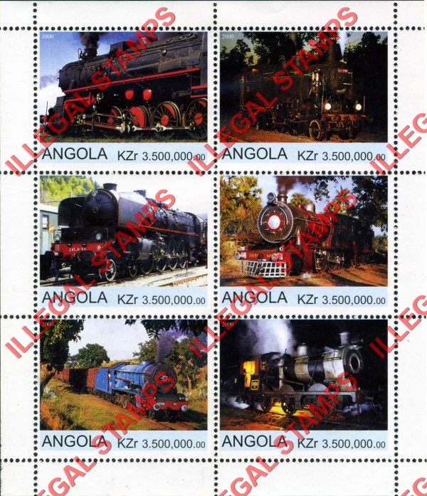 Angola 2000 Trains Illegal Stamp Souvenir Sheets of 6 (Sheet 5) Angola 2000 Trains Illegal Stamp Souvenir Sheets of 6 (Sheet 5)