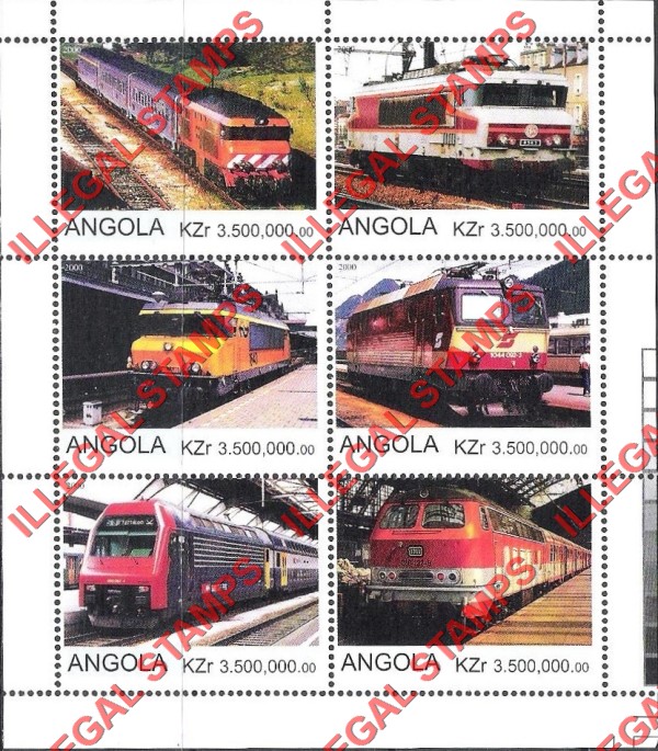 Angola 2000 Trains Illegal Stamp Souvenir Sheets of 6 (Sheet 6) Angola 2000 Trains Illegal Stamp Souvenir Sheets of 6 (Sheet 6)
