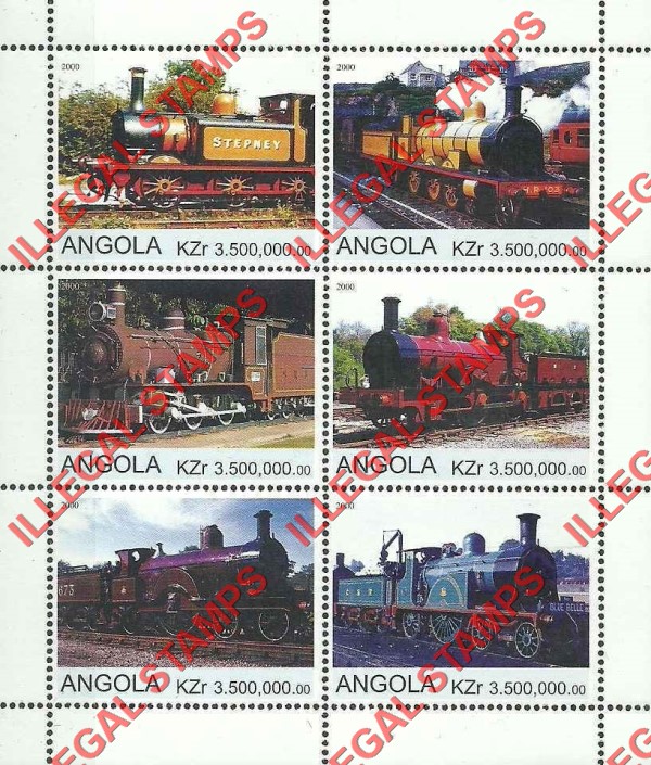 Angola 2000 Trains Illegal Stamp Souvenir Sheets of 6 (Sheet 7) Angola 2000 Trains Illegal Stamp Souvenir Sheets of 6 (Sheet 7)