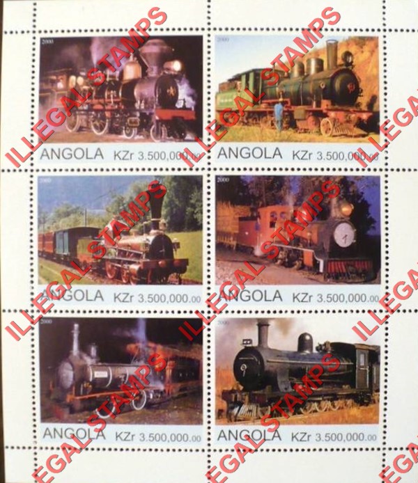 Angola 2000 Trains Illegal Stamp Souvenir Sheets of 6 (Sheet 8) Angola 2000 Trains Illegal Stamp Souvenir Sheets of 6 (Sheet 8)