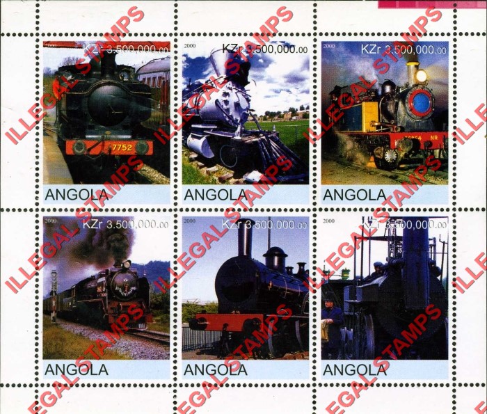 Angola 2000 Trains Illegal Stamp Souvenir Sheets of 6 (Sheet 9) Angola 2000 Trains Illegal Stamp Souvenir Sheets of 6 (Sheet 9)