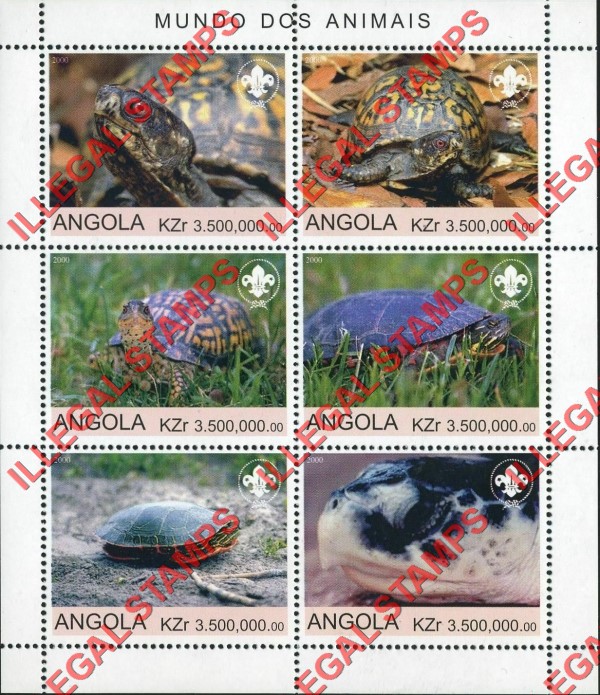 Angola 2000 Turtles Illegal Stamp Souvenir Sheet of 6 Angola 2000 Turtles Illegal Stamp Souvenir Sheet of 6