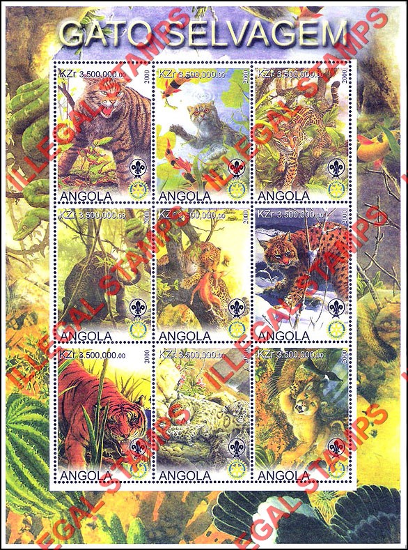 Angola 2000 Wild Cats with Scouts Logo Illegal Stamp Souvenir Sheets of 9 (Sheet 1) Angola 2000 Wild Cats with Scouts Logo Illegal Stamp Souvenir Sheets of 9 (Sheet 1)