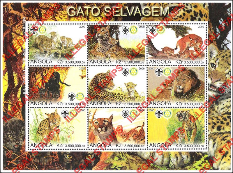 Angola 2000 Wild Cats with Scouts Logo Illegal Stamp Souvenir Sheets of 9 (Sheet 2) Angola 2000 Wild Cats with Scouts Logo Illegal Stamp Souvenir Sheets of 9 (Sheet 2)