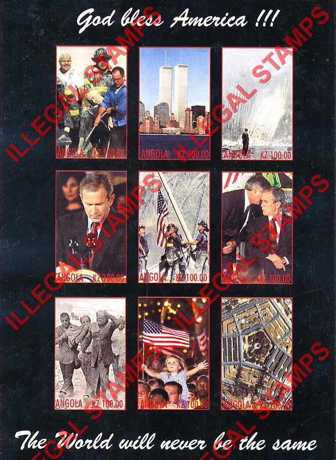 Angola 2001 9-11 Twin Towers Attack Illegal Stamp Souvenir Sheet of 9 Angola 2001 9-11 Twin Towers Attack Illegal Stamp Souvenir Sheet of 9