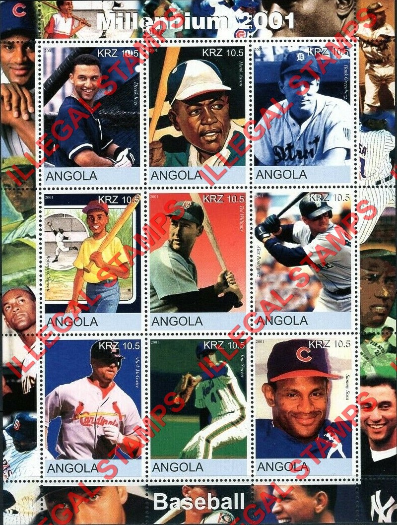 Angola 2001 Baseball Players Millennium 2001 Illegal Stamp Souvenir Sheet of 9 Angola 2001 Baseball Players Millennium 2001 Illegal Stamp Souvenir Sheet of 9
