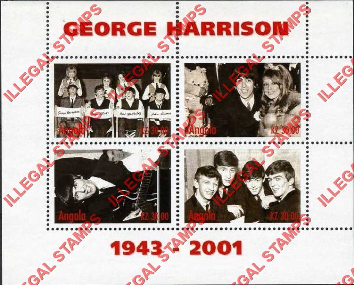 Angola 2001 George Harrison The Beatles Illegal Stamp Souvenir Sheet of 4 Angola 2001 George Harrison The Beatles Illegal Stamp Souvenir Sheet of 4
