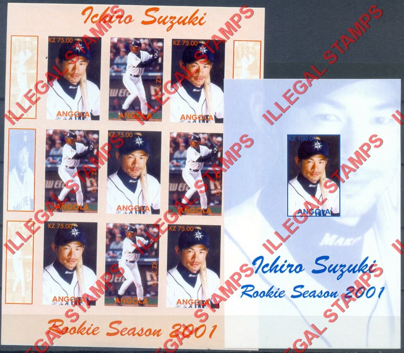 Angola 2001 Ichiro Suzuki Rookie Season Baseball Player Illegal Stamp Souvenir Sheets of 9 and 1 Angola 2001 Ichiro Suzuki Rookie Season Baseball Player Illegal Stamp Souvenir Sheets of 9 and 1
