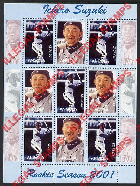 Angola 2001 Ichiro Suzuki Rookie Season Baseball Player (different) Illegal Stamp Souvenir Sheet of 9 Angola 2001 Ichiro Suzuki Rookie Season Baseball Player (different) Illegal Stamp Souvenir Sheet of 9