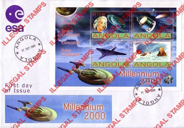 Angola 2001 Millennium 2000 Illegal Stamp Souvenir Sheet of 4 on Fake First Day Cover Angola 2001 Millennium 2000 Illegal Stamp Souvenir Sheet of 4 on Fake First Day Cover