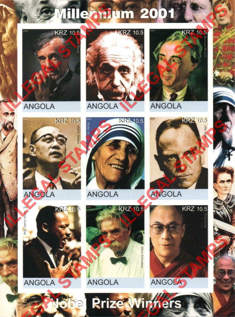 Angola 2001 Nobel Prize Winners Millennium 2001 Illegal Stamp Souvenir Sheet of 9 Angola 2001 Nobel Prize Winners Millennium 2001 Illegal Stamp Souvenir Sheet of 9