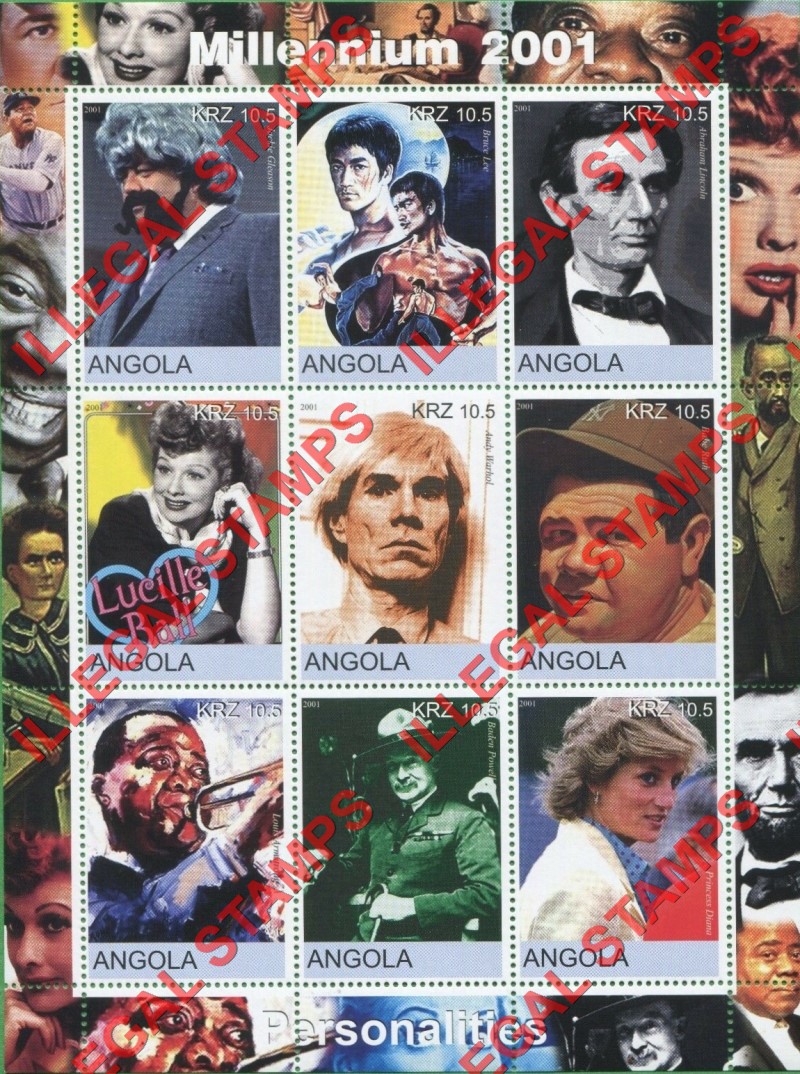 Angola 2001 Personalities Millennium 2001 Illegal Stamp Souvenir Sheet of 9 Angola 2001 Personalities Millennium 2001 Illegal Stamp Souvenir Sheet of 9