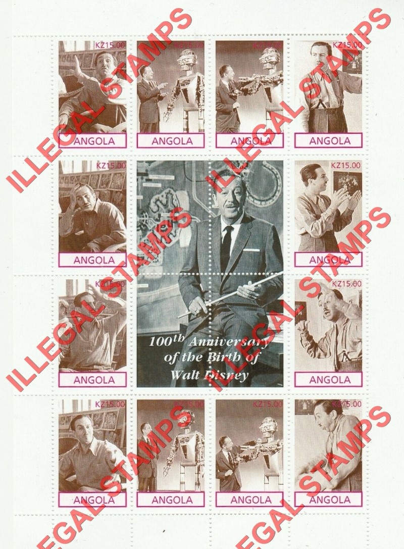 Angola 2001 Walt Disney Birth Anniversary Illegal Stamp Souvenir Sheet of 12 Plus 4 Labels Angola 2001 Walt Disney Birth Anniversary Illegal Stamp Souvenir Sheet of 12 Plus 4 Labels