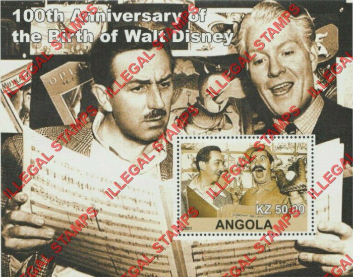 Angola 2001 Walt Disney Birth Anniversary Illegal Stamp Souvenir Sheets of 1 (Sheet 1) Angola 2001 Walt Disney Birth Anniversary Illegal Stamp Souvenir Sheets of 1 (Sheet 1)