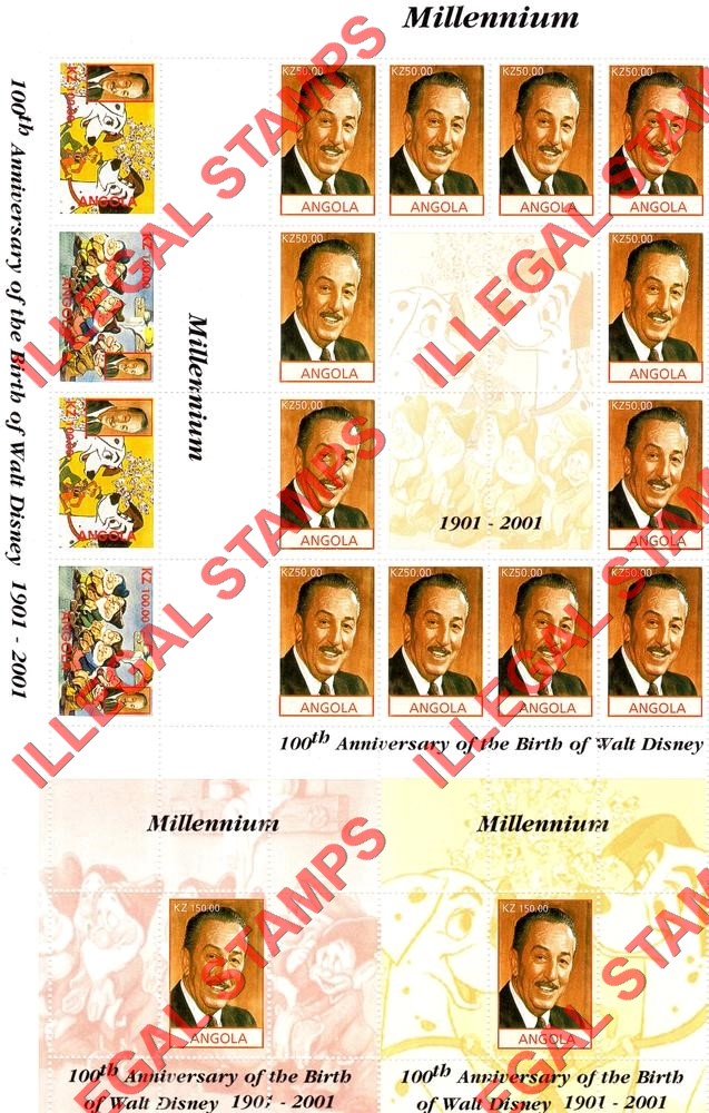 Angola 2001 Walt Disney Birth Anniversary Millennium Illegal Stamp Souvenir Sheets of 12, 4 and 1 Angola 2001 Walt Disney Birth Anniversary Millennium Illegal Stamp Souvenir Sheets of 12, 4 and 1