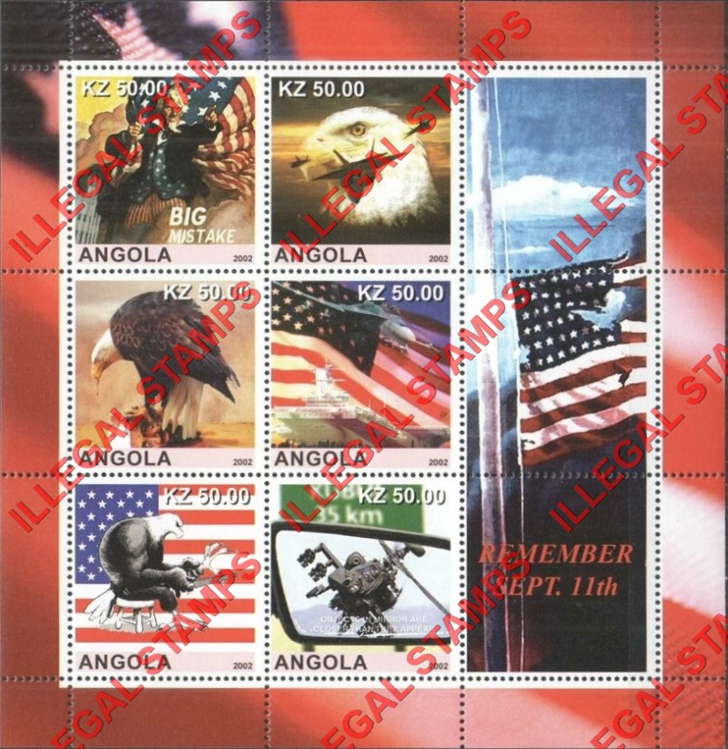 Angola 2002 9-11 Remember Sept. 11th Illegal Stamp Souvenir Sheet of 9 Angola 2002 9-11 Remember Sept. 11th Illegal Stamp Souvenir Sheet of 9