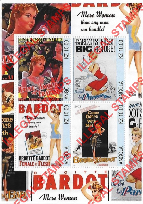 Angola 2002 Brigitte Bardot Illegal Stamp Souvenir Sheet of 4 Angola 2002 Brigitte Bardot Illegal Stamp Souvenir Sheet of 4
