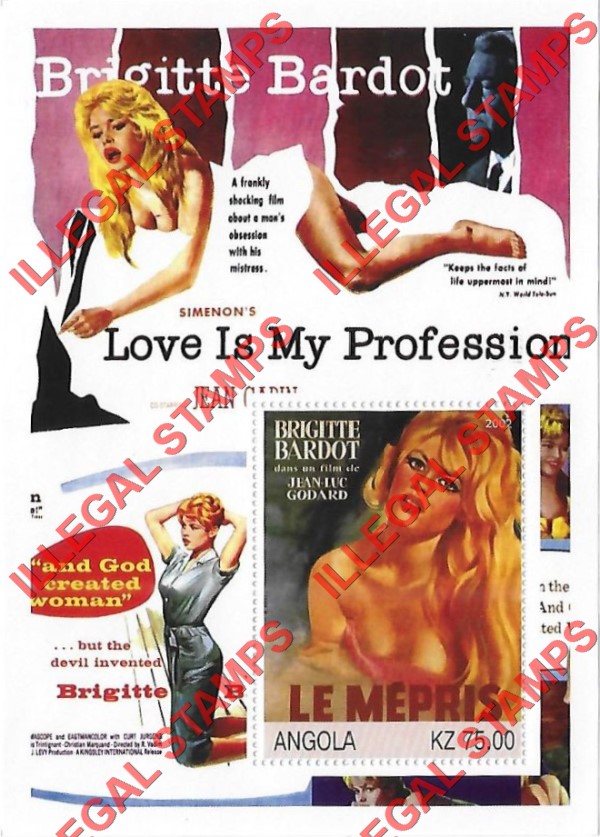 Angola 2002 Brigitte Bardot Illegal Stamp Souvenir Sheet of 1 Angola 2002 Brigitte Bardot Illegal Stamp Souvenir Sheet of 1