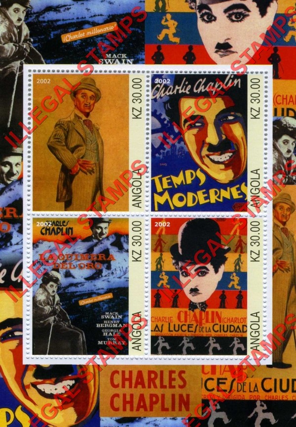 Angola 2002 Charlie Chaplin Illegal Stamp Souvenir Sheet of 4 Angola 2002 Charlie Chaplin Illegal Stamp Souvenir Sheet of 4