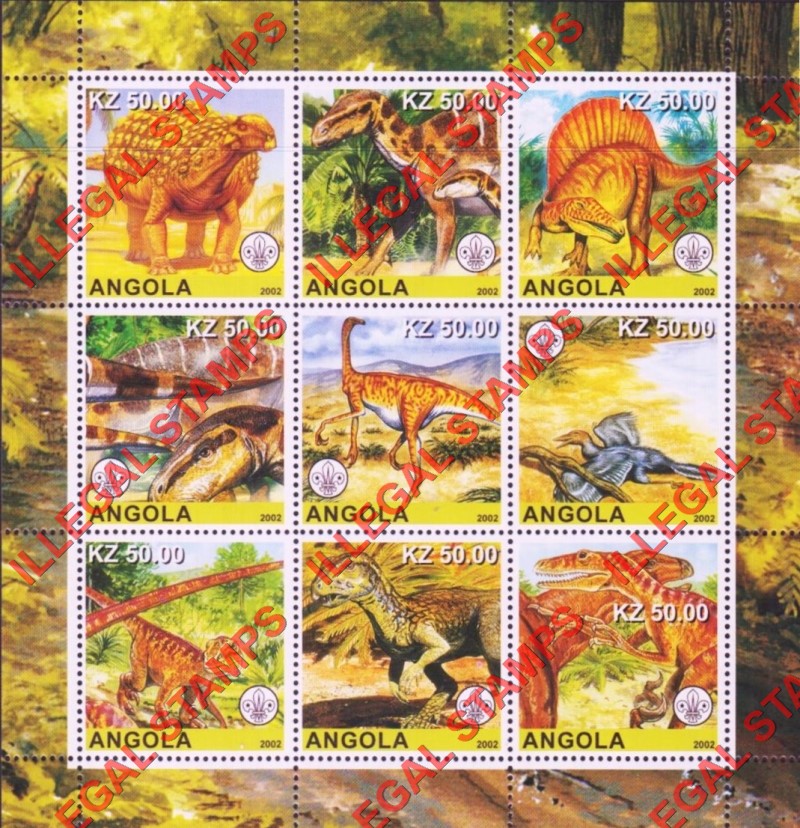 Angola 2002 Dinosaurs with Scout Logo Illegal Stamp Souvenir Sheet of 9 Angola 2002 Dinosaurs with Scout Logo Illegal Stamp Souvenir Sheet of 9