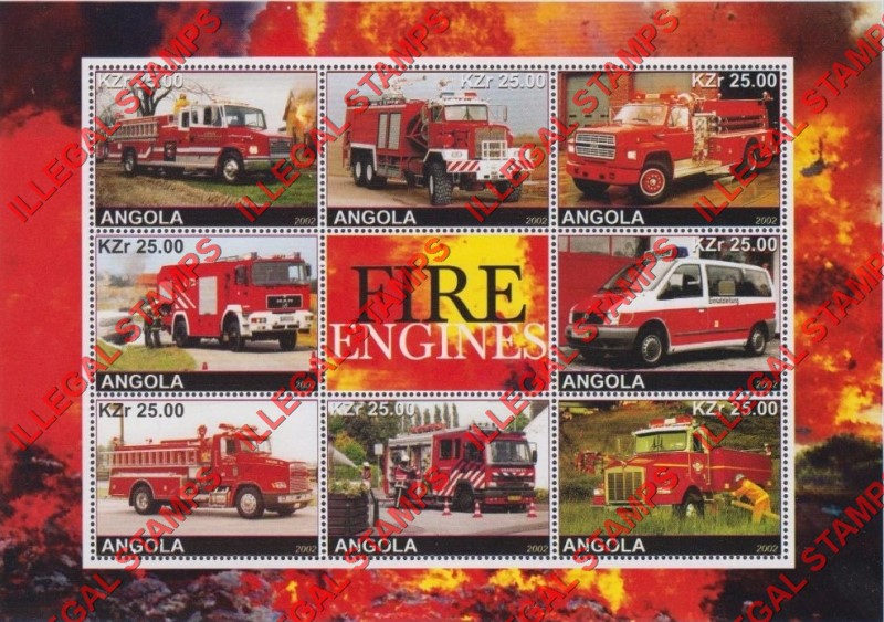 Angola 2002 Fire Engines Illegal Stamp Souvenir Sheet of 8 Plus Label Angola 2002 Fire Engines Illegal Stamp Souvenir Sheet of 8 Plus Label