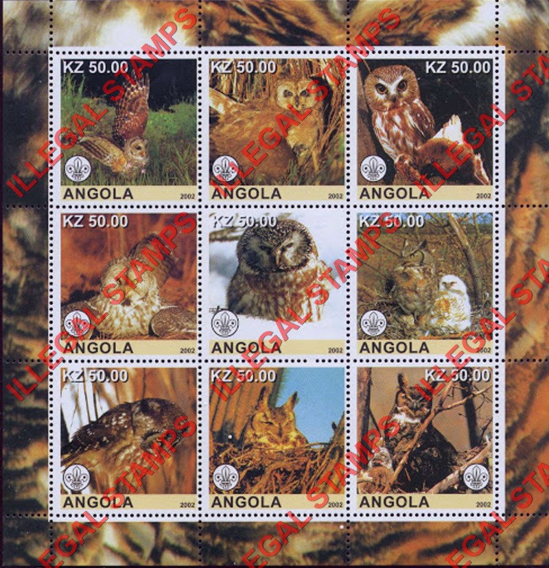 Angola 2002 Owls with Scout Logo Illegal Stamp Souvenir Sheet of 9 Angola 2002 Owls with Scout Logo Illegal Stamp Souvenir Sheet of 9