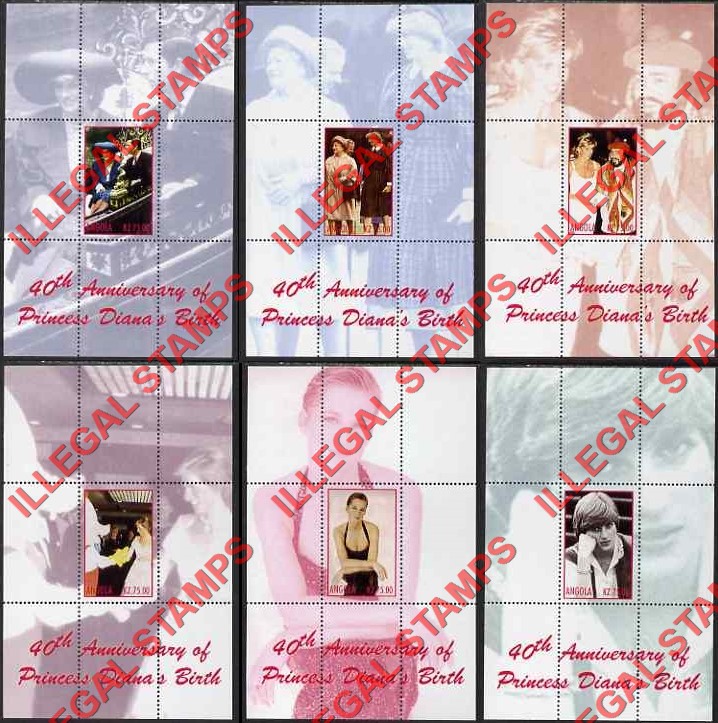 Angola 2002 Princess Diana 40th Anniversary of Birth Illegal Stamp Souvenir Sheets of 1 Angola 2002 Princess Diana 40th Anniversary of Birth Illegal Stamp Souvenir Sheets of 1
