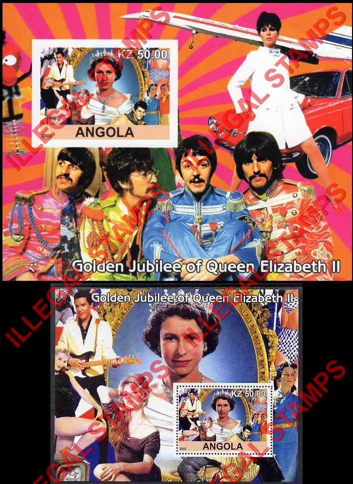 Angola 2002 Queen Elizabeth II Golden Jubilee Illegal Stamp Souvenir Sheets of 1 Angola 2002 Queen Elizabeth II Golden Jubilee Illegal Stamp Souvenir Sheets of 1