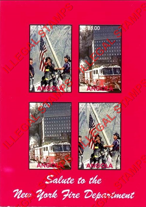 Angola 2002 Salute to the New York Fire Department Illegal Stamp Souvenir Sheet of 4 Angola 2002 Salute to the New York Fire Department Illegal Stamp Souvenir Sheet of 4