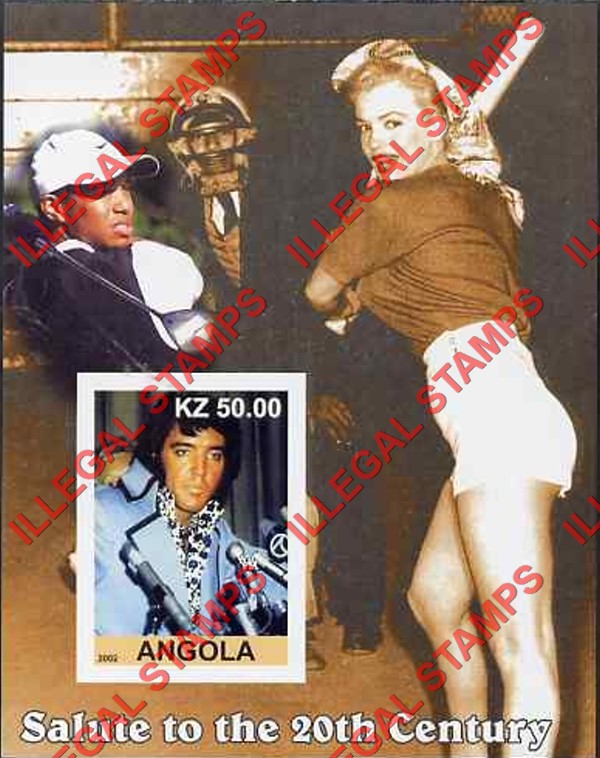 Angola 2002 Salute to the 20th Century Elvis Presley, Marilyn Monroe and Tiger Woods Illegal Stamp Souvenir Sheet of 1 Angola 2002 Salute to the 20th Century Elvis Presley, Marilyn Monroe and Tiger Woods Illegal Stamp Souvenir Sheet of 1
