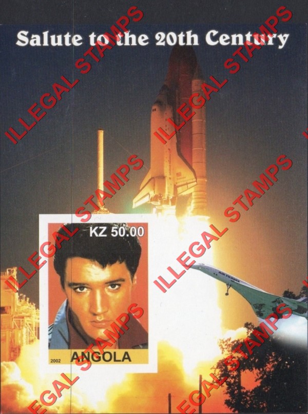 Angola 2002 Salute to the 20th Century Elvis Presley, Concorde and Space Shuttle Illegal Stamp Souvenir Sheet of 1 Angola 2002 Salute to the 20th Century Elvis Presley, Concorde and Space Shuttle Illegal Stamp Souvenir Sheet of 1