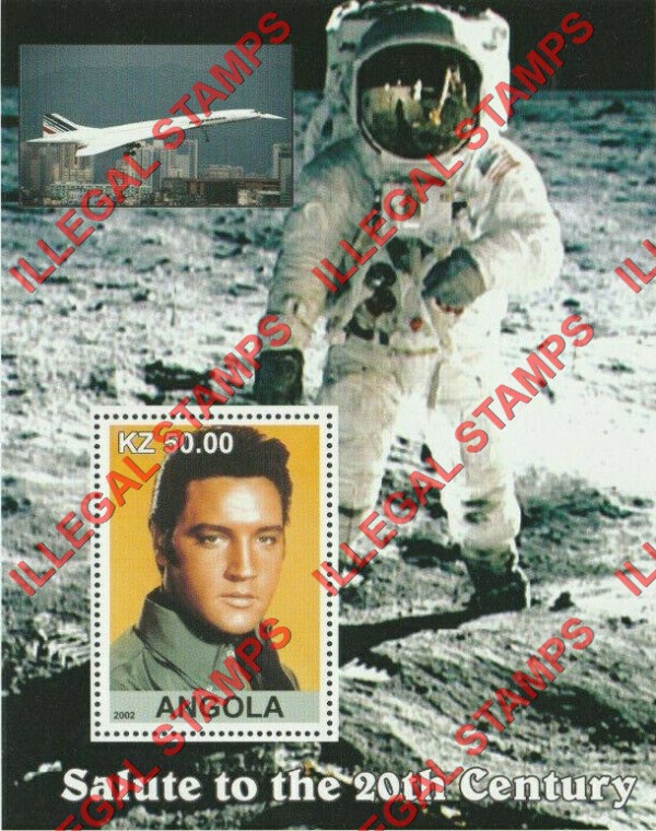 Angola 2002 Salute to the 20th Century Elvis Presley, Concorde and Neil Armstrong Moon Landing Illegal Stamp Souvenir Sheet of 1 Angola 2002 Salute to the 20th Century Elvis Presley, Concorde and Neil Armstrong Moon Landing Illegal Stamp Souvenir Sheet of 1
